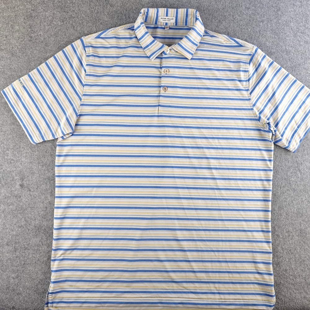 Peter Millar Summer Comfort Polo Shirt Mens L Blue Yellow Striped Golf Stretch